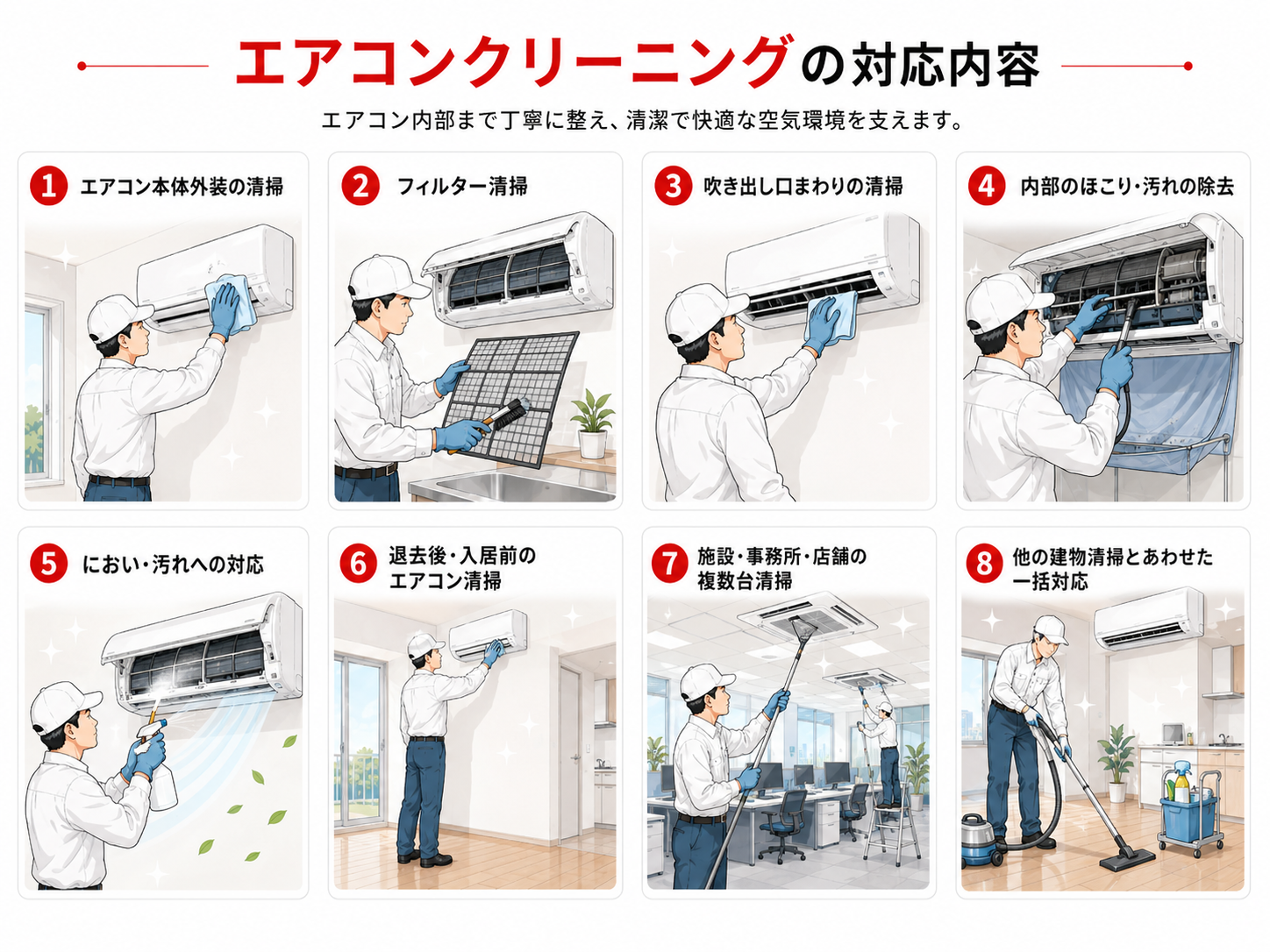 エアコン本体外装の清掃
フィルター清掃
吹き出し口まわりの清掃
内部のほこり・汚れの除去
におい・汚れへの対応
退去後・入居前のエアコン清掃
施設・事務所・店舗の複数台清掃
他の建物清掃とあわせた一括対応